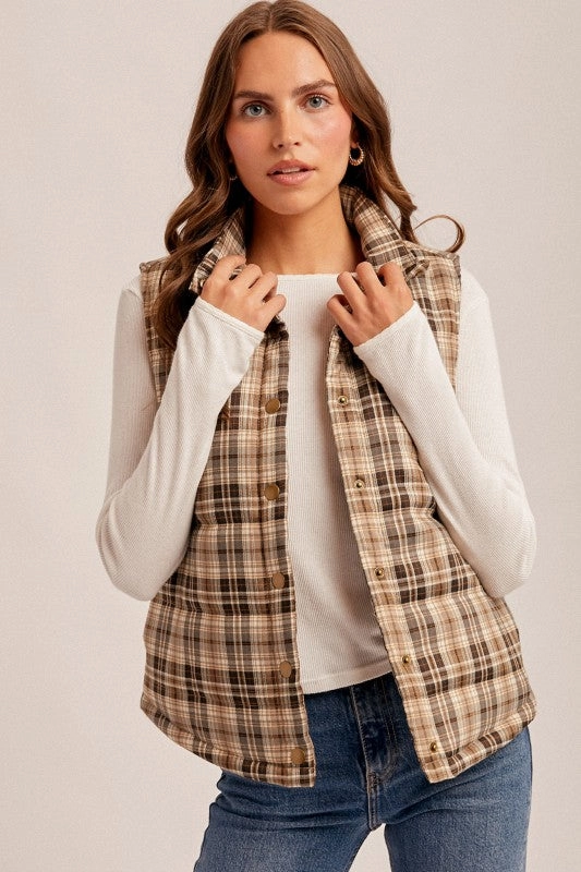 Paulie Plaid Puff Snap Button Down Vest With Pockets Windproof Technology