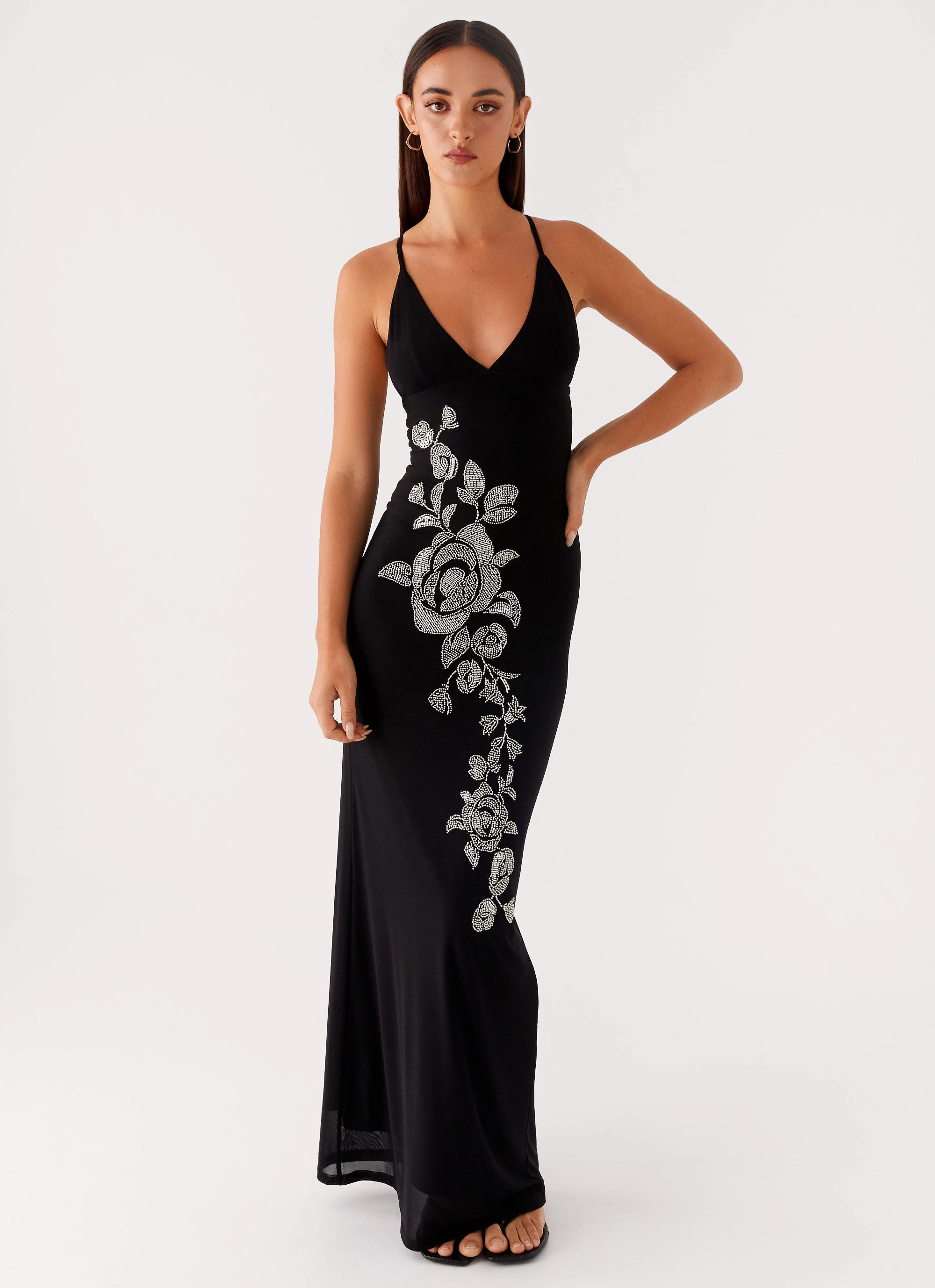 Statement Piece V-Neck Beki Beaded Mesh Maxi Dress - Black