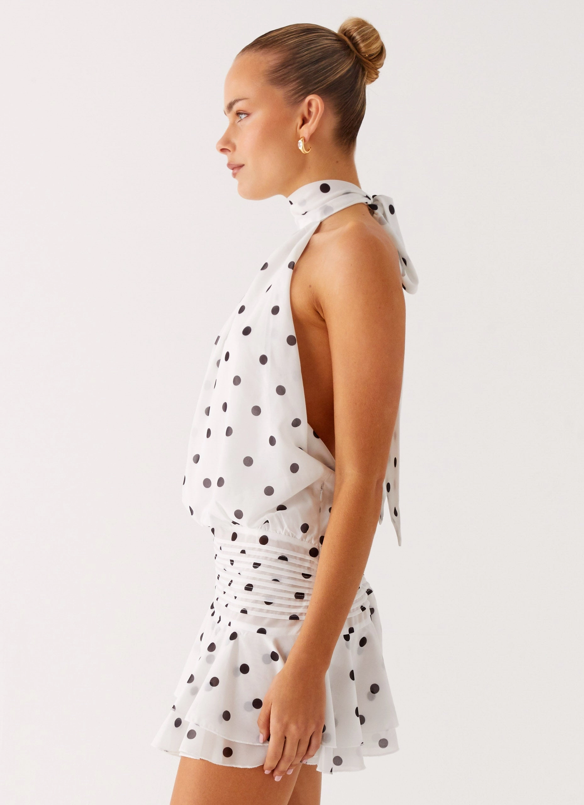 Willow Chiffon Mini Dress - White Polka Dot Satin Glow Pure Comfort