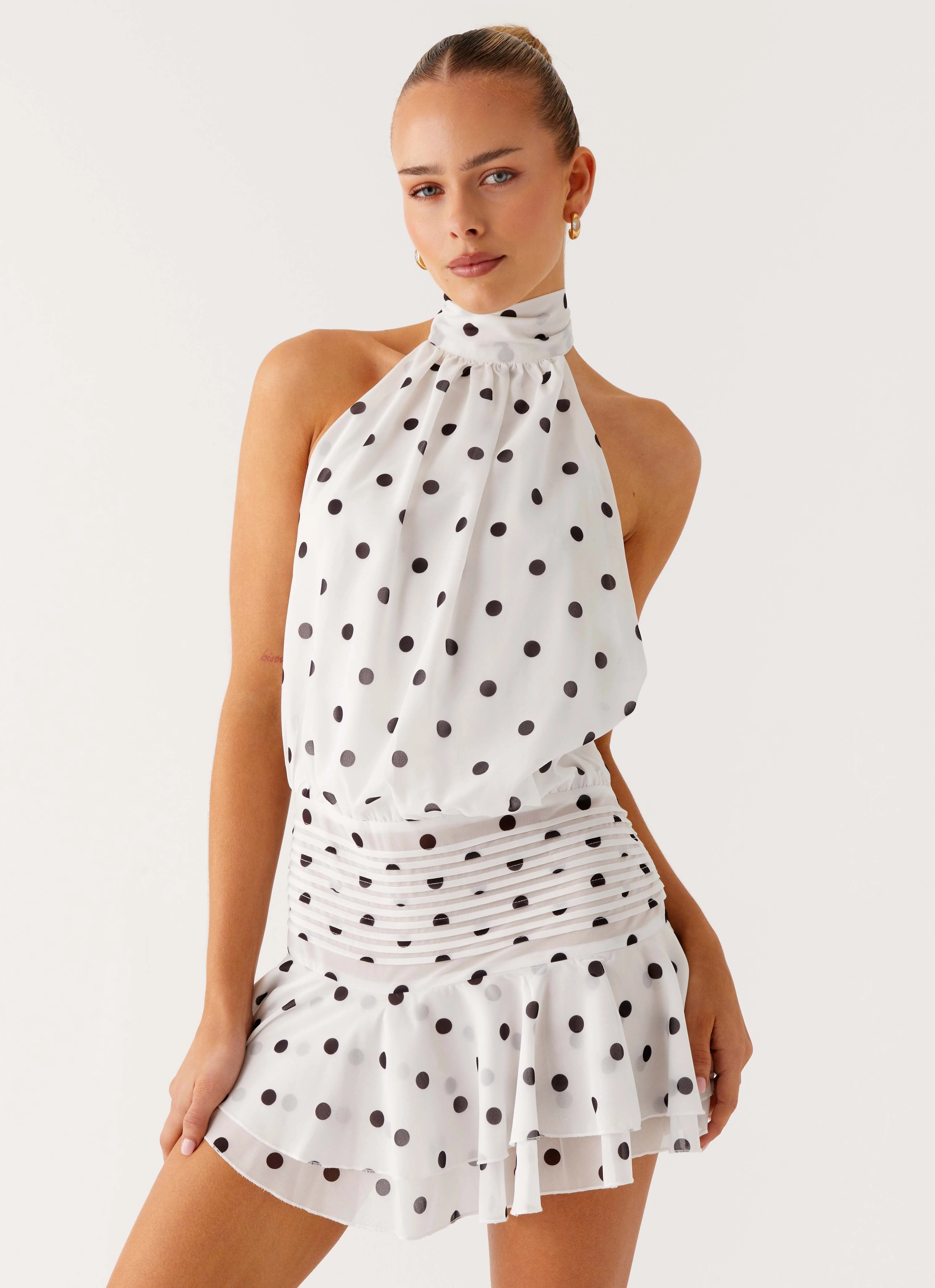 Glossy Detail Willow Chiffon Mini Dress - White Polka Dot