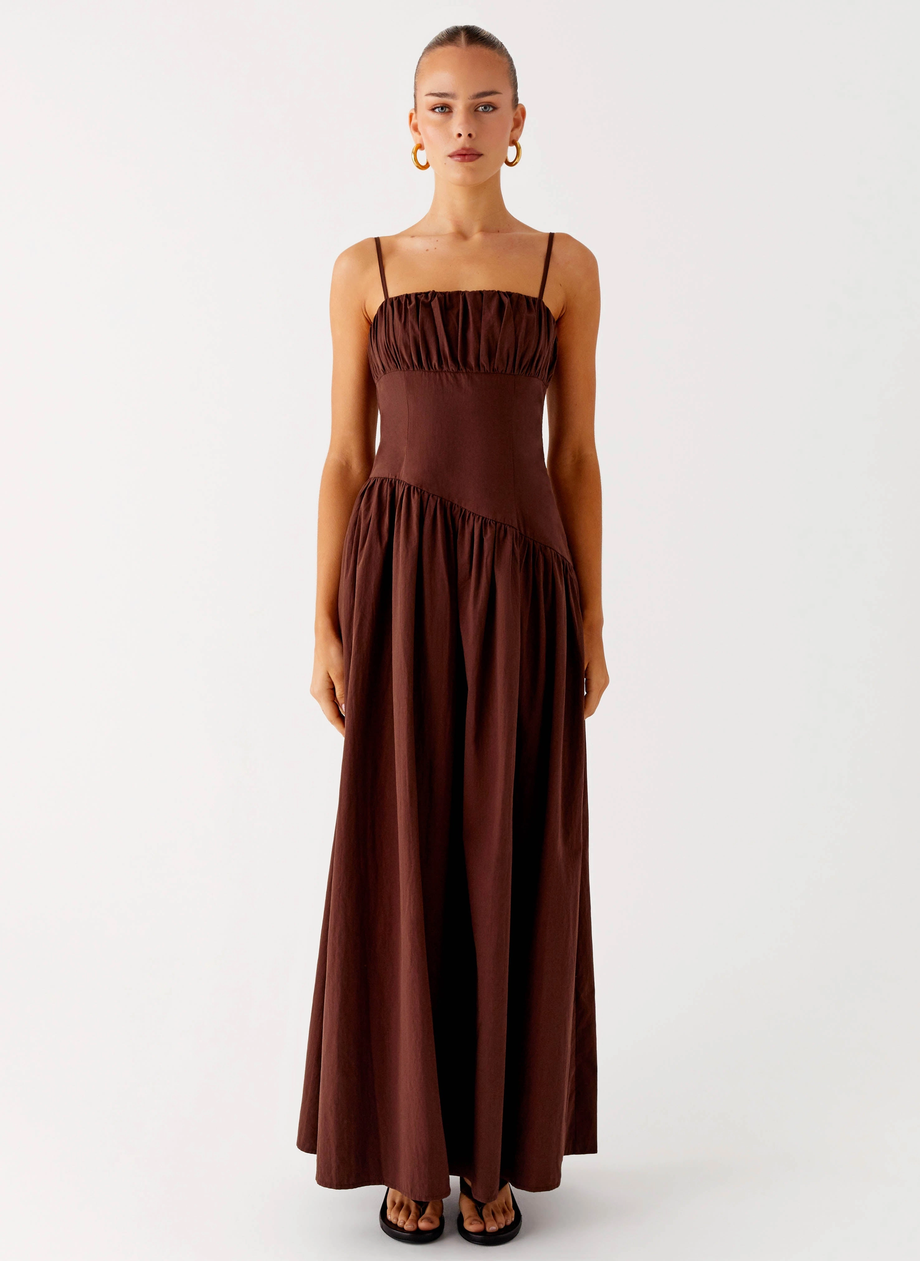 Cozy Silhouette Airy Silk Yuna Drop Waist Maxi Dress - Chocolate