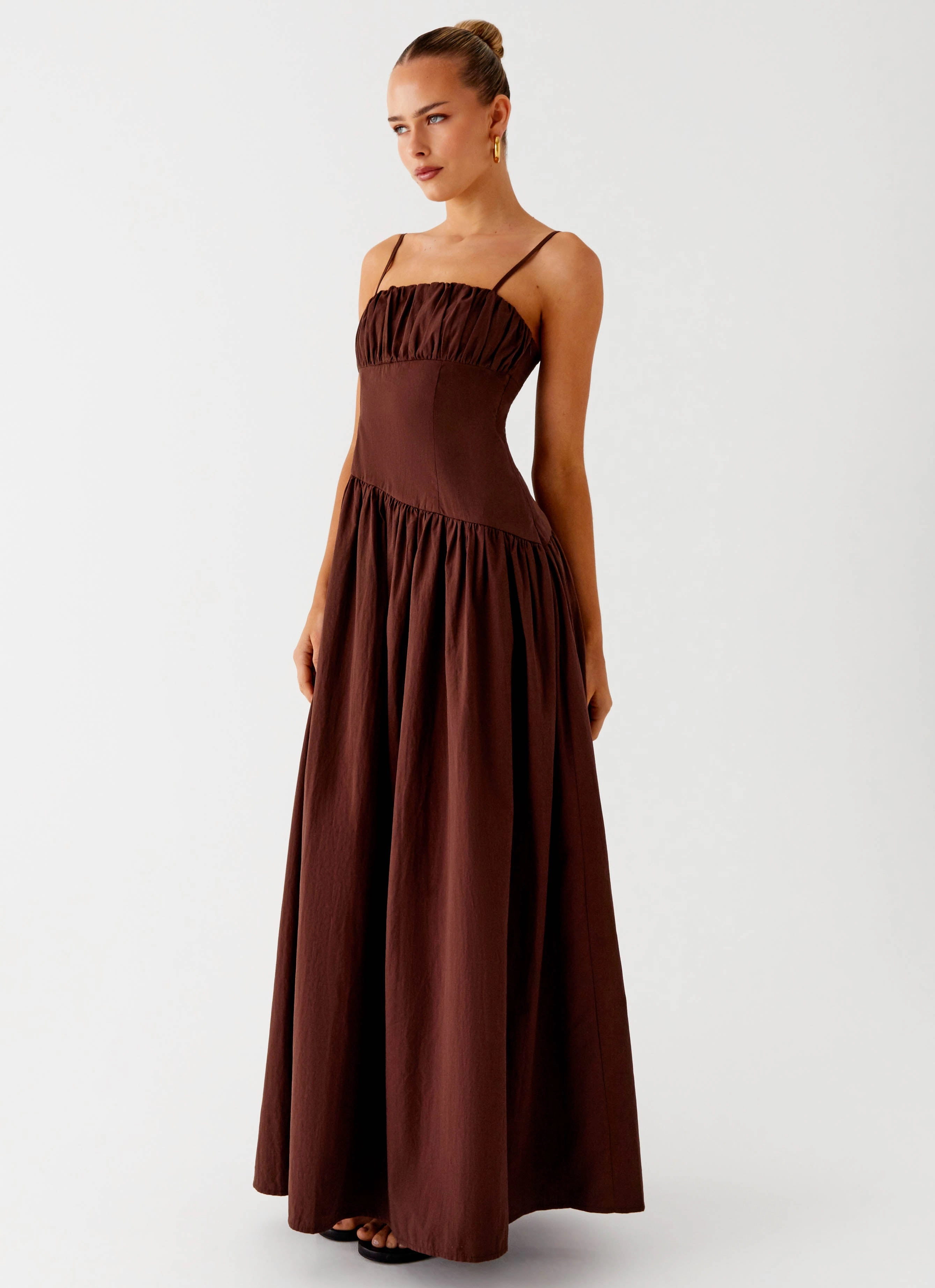 Yuna Drop Waist Maxi Dress - Chocolate Street Casual Ruffle Hem