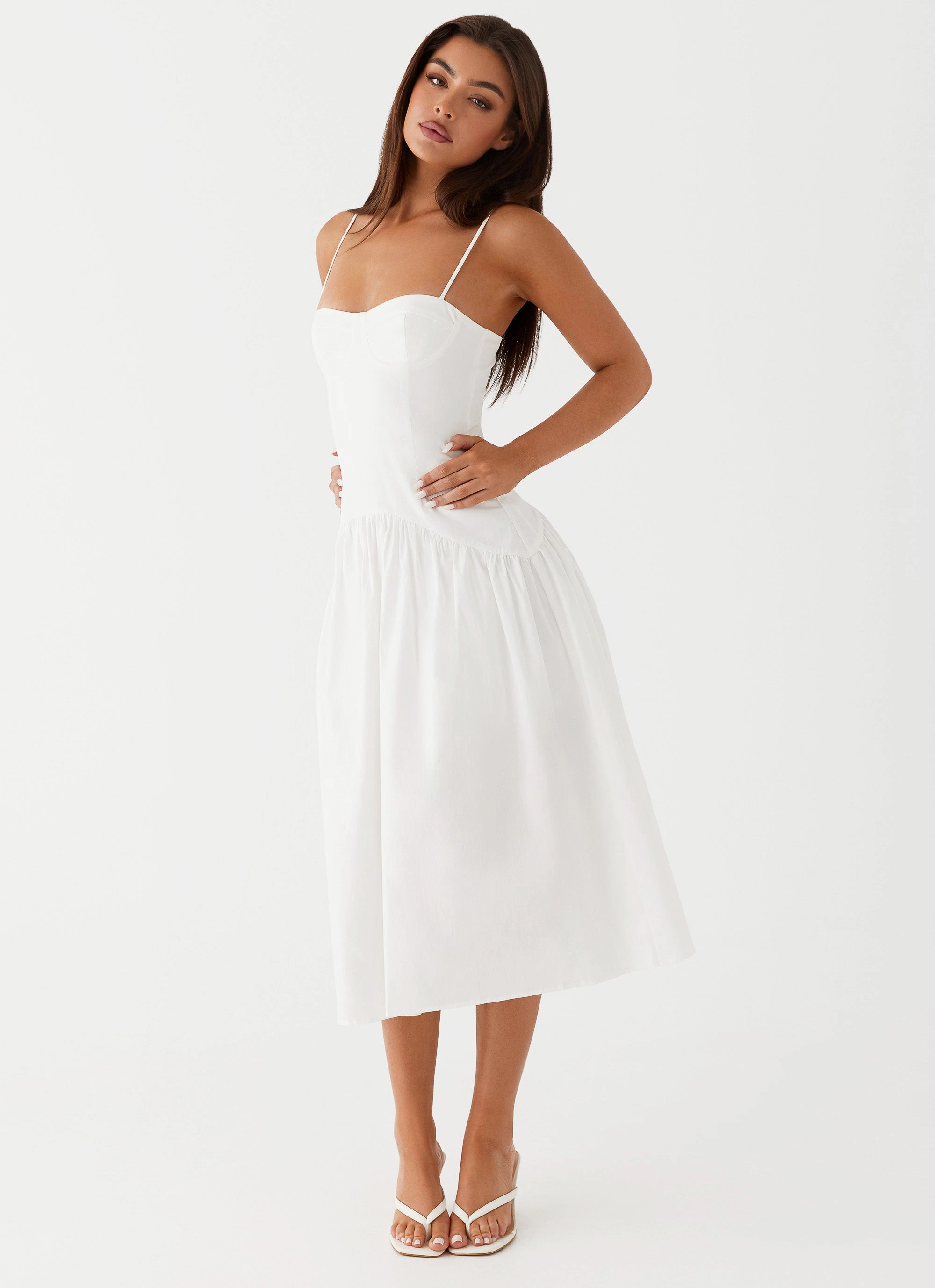 Yvette Corset Midi Dress - White Satin Finish