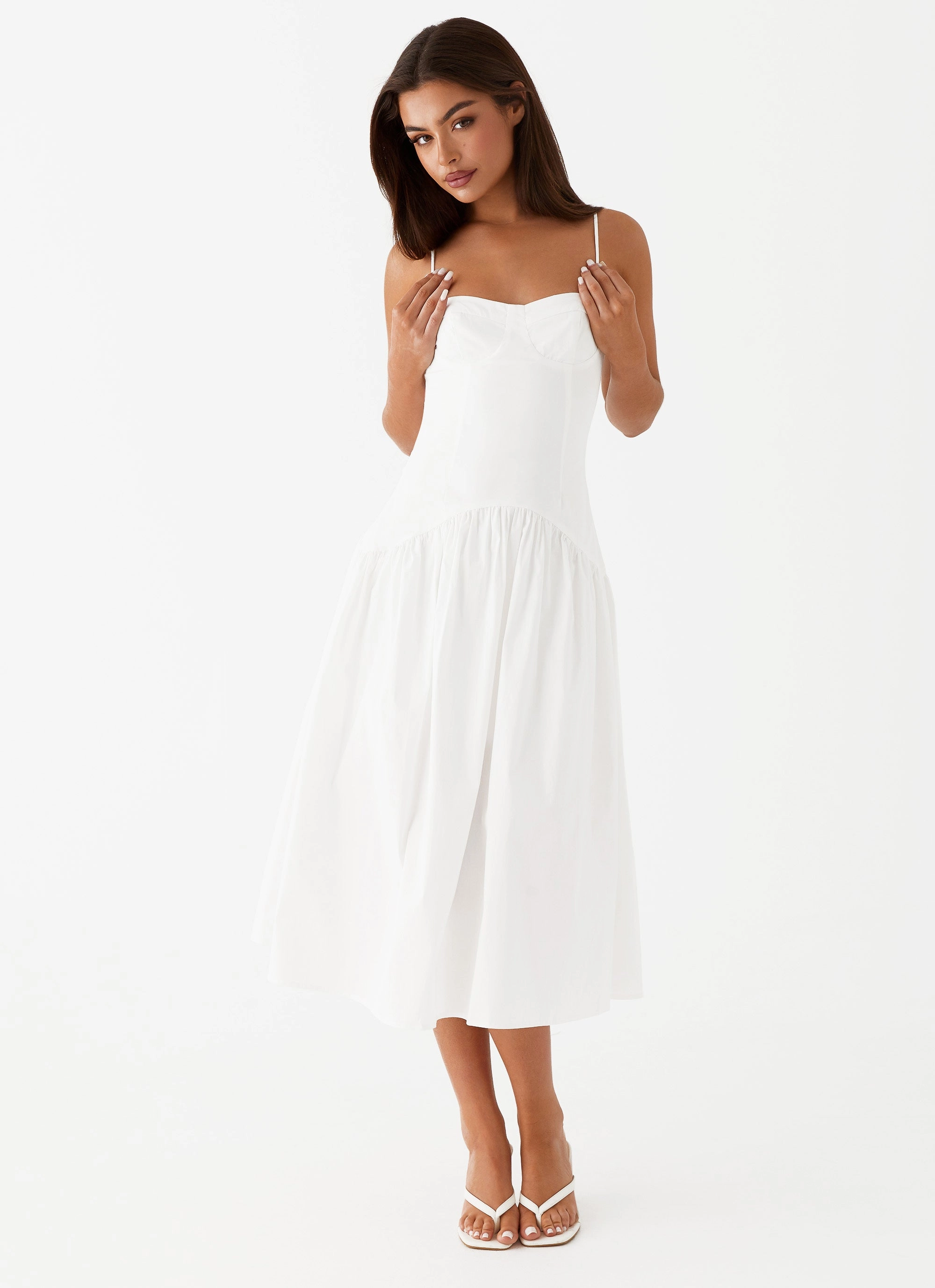 Yvette Corset Midi Dress - White Dark Tones button detail