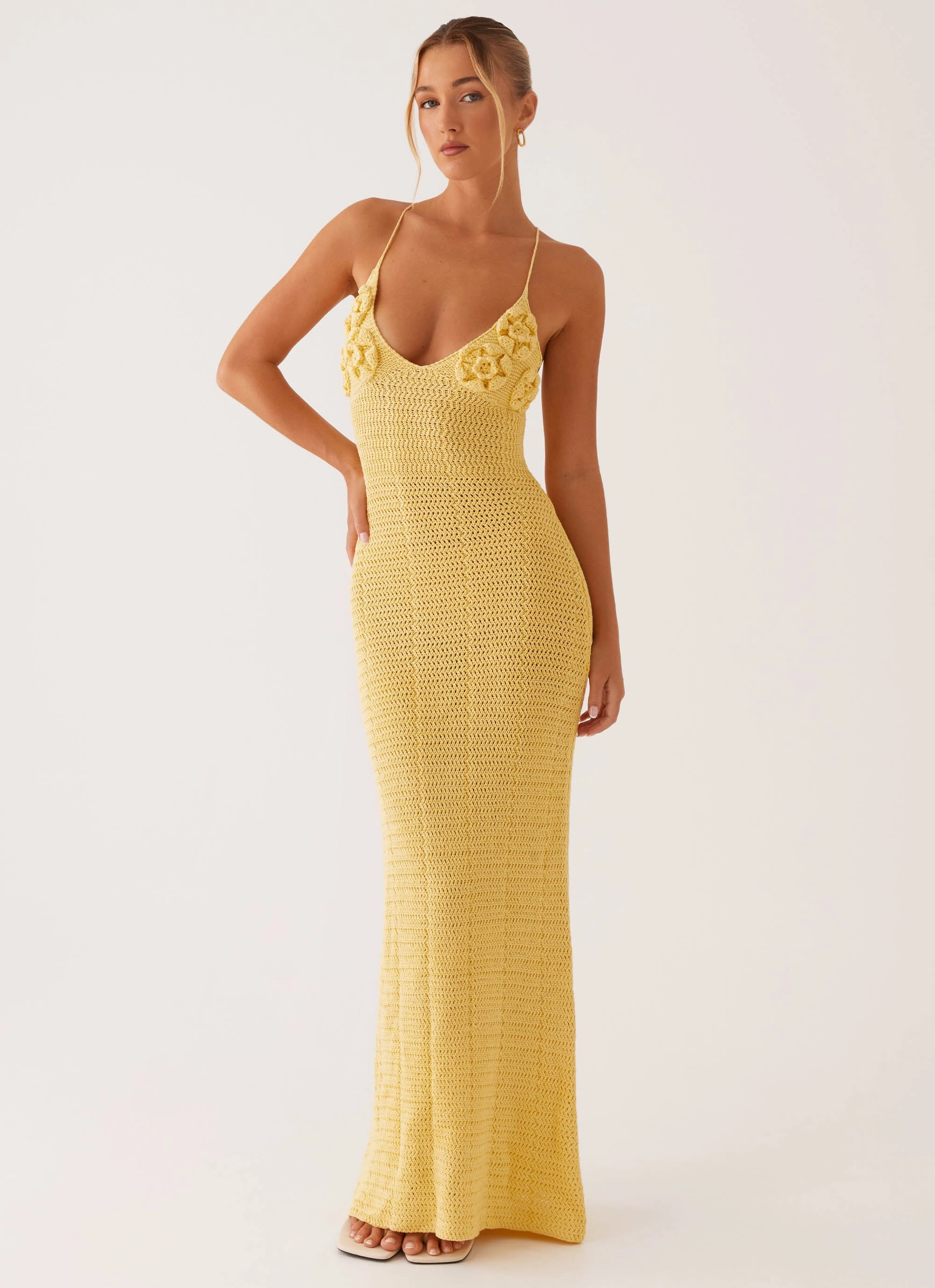 Cozy Vibe Zara Rose Crochet Maxi Dress - Yellow