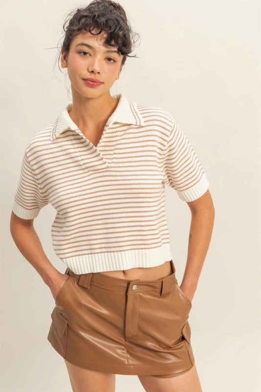 Quick Pullover Design Zoe Striped Collared Short Sleeve Knit Top