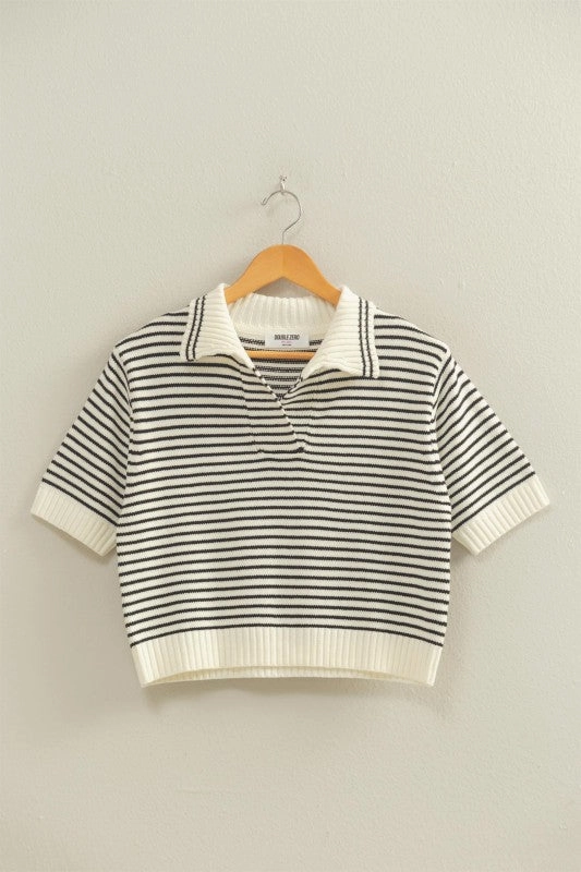 HiddenPocket Zoe Striped Collared Short Sleeve Knit Top