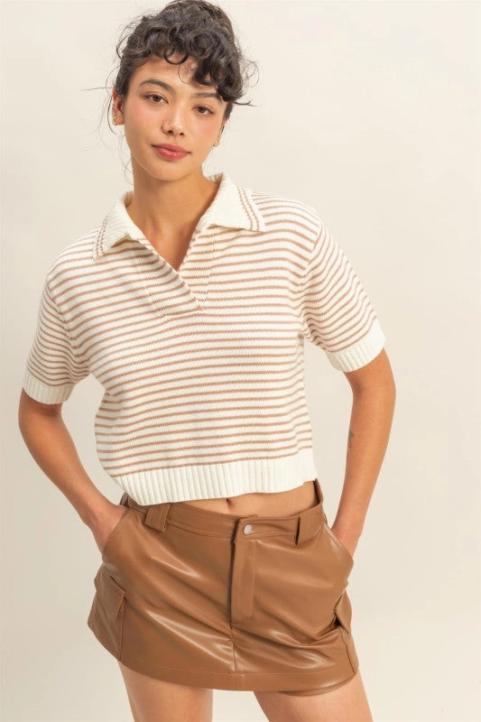 Zoe Striped Collared Short Sleeve Knit Top Recycled Fiber Blend