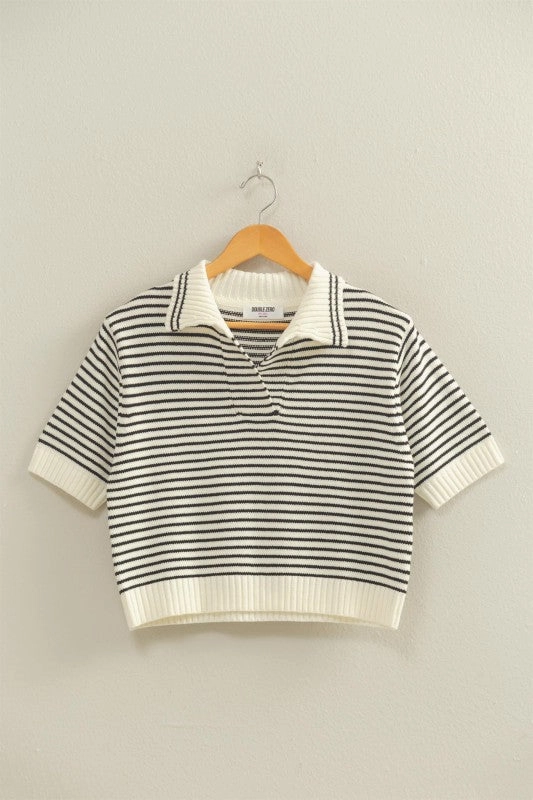 Zoe Striped Collared Short Sleeve Knit Top Reinforced Stitching BondedSeams